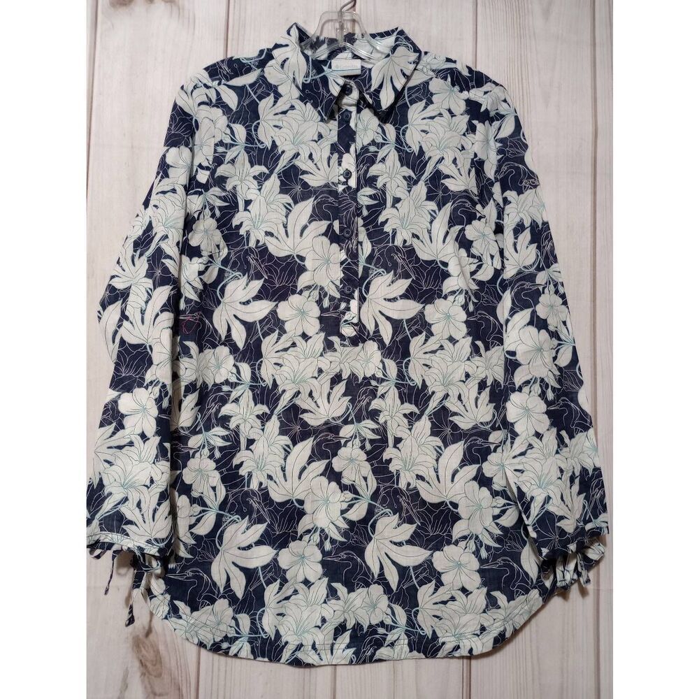 Columbia Shirt Ladies Large Camp Henry II Tunic Blue White Long Sleeve Popover